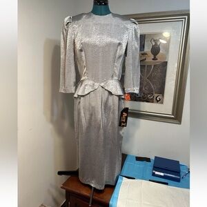 Act I Petite NY Metallic Silver Faux Snakeskin Puff Sleeves Peplum Dress Size 12